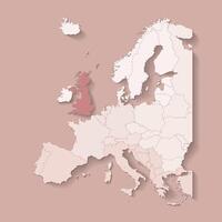 ilustración con europeo tierra con fronteras de estados y marcado país unido Reino. político mapa en marrón colores con occidental, sur y etc regiones. beige antecedentes vector