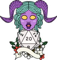 Retro Tattoo Style tiefling with natural twenty dice roll png