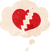 dibujos animados roto corazón con pensamiento burbuja en grunge afligido retro texturizado estilo png