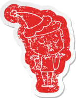 quirky cartoon distressed sticker of a man talking and shrugging shoulders wearing santa hat png