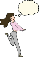 cartoon happy girl kicking out leg with thought bubble png
