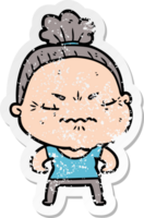 distressed sticker of a cartoon annoyed old lady png