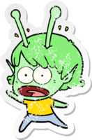 distressed sticker of a cartoon shocked alien girl png