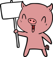 cochon dessin animé heureux avec poteau indicateur png