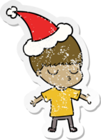main tiré affligé autocollant dessin animé de une calme garçon portant Père Noël chapeau png