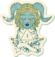 estilo de tatuaje retro llorando tiefling con un rollo natural d20 png