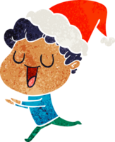 laughing hand drawn retro cartoon of a man running wearing santa hat png