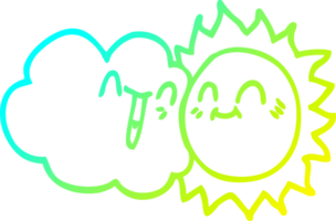 cold gradient line drawing of a cartoon happy sun and cloud png