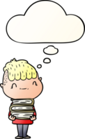 cartoon friendly boy with books with thought bubble in smooth gradient style png