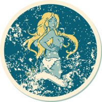 distressed sticker tattoo in traditional style of a pinup viking girl with banner png