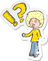 retro distressed sticker of a cartoon surprised woman png