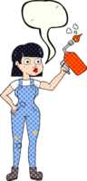 hand drawn comic book speech bubble cartoon woman in dungarees png