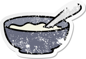 distressed sticker of a quirky hand drawn cartoon bowl of porridge png