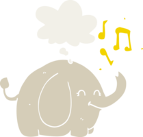 cartoon trumpeting elephant with thought bubble in retro style png