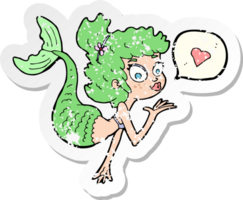 retro distressed sticker of a cartoon mermaid in love png