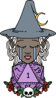 Retro Tattoo Style crying elf witch with natural one D20 roll png