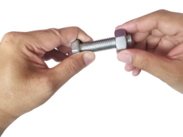 Nut and screw on hand, transparent background png