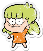 distressed sticker of a cartoon girl smiling png