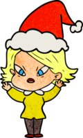 main tiré texturé dessin animé de une stressé femme portant Père Noël chapeau png