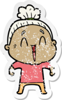 distressed sticker of a cartoon happy old lady png