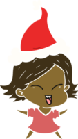 happy hand drawn flat color illustration of a girl wearing santa hat png