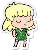 distressed sticker of a cartoon indifferent woman png