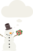 cartoon snowman with thought bubble in retro style png