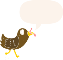 cartoon bird with worm with speech bubble in retro style png