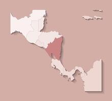 illustration with Central America land with borders of states and marked country Nicaragua. Political map in brown colors with regions. Beige background vector