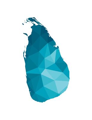 isolated illustration icon with simplified blue silhouette of Sri Lanka map. Polygonal geometric style, triangular shapes. White background.