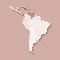 illustration with South America land with borders of states and marked country Venezuela. Political map in brown colors with regions. Beige background vector