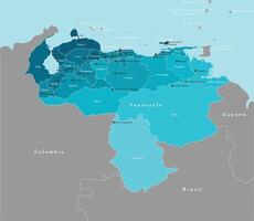 moderno ilustración. simplificado administrativo mapa de Venezuela y y frontera con vecino países. azul antecedentes de caribe mar. nombres de venezolano ciudades y estados vector