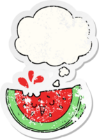 cartoon watermelon with thought bubble as a distressed worn sticker png