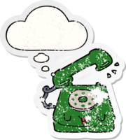 cute cartoon telephone with thought bubble as a distressed worn sticker png