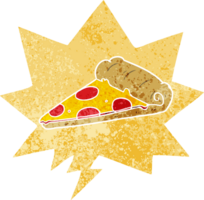 cartoon pizza slice with speech bubble in grunge distressed retro textured style png