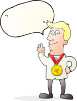 hand drawn speech bubble cartoon waving man with award png