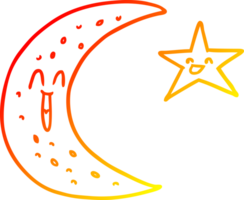 warm gradient line drawing of a happy cartoon moon and star png