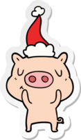 main tiré autocollant dessin animé de une contenu porc portant Père Noël chapeau png