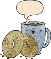 dessin animé café et beignets avec discours bulle dans rétro texture style png