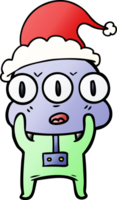 main tiré pente dessin animé de une Trois regardé extraterrestre portant Père Noël chapeau png