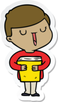 sticker of a cartoon happy boy talking about his book png