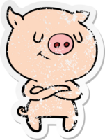 distressed sticker of a happy cartoon pig with crossed arms png