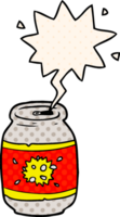 cartoon can of soda with speech bubble in comic book style png