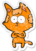 distressed sticker of a happy cartoon cat with crossed arms png