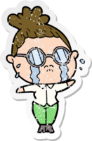 distressed sticker of a cartoon crying woman wearing spectacles png