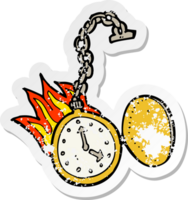 pegatina retro angustiada de un reloj en llamas de dibujos animados png
