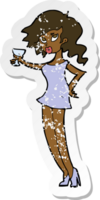 retro distressed sticker of a cartoon woman at party png