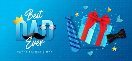 Happy Father's Day, Best Dad Ever promotion banner with gift box. Father's Day poster with realistic 3D elements vector