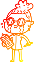 warm gradient line drawing of a cartoon crying woman wearing spectacles png