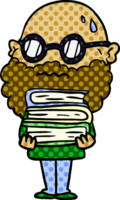 dessin animé homme inquiet avec barbe et pile de livres png